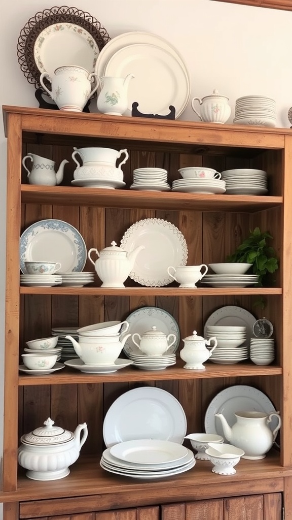 A rustic wooden cabinet displaying an ironstone dishware collection, featuring various plates, teapots, and serving dishes.