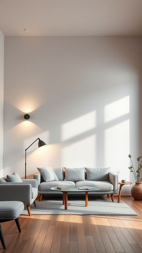 Stylish minimalist living room with layered lighting showcasing a floor lamp and wall sconces.