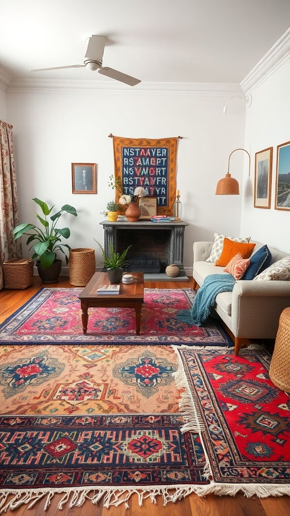 A cozy living room featuring layered rugs, with a green plant, a wooden coffee table, and a comfortable couch.