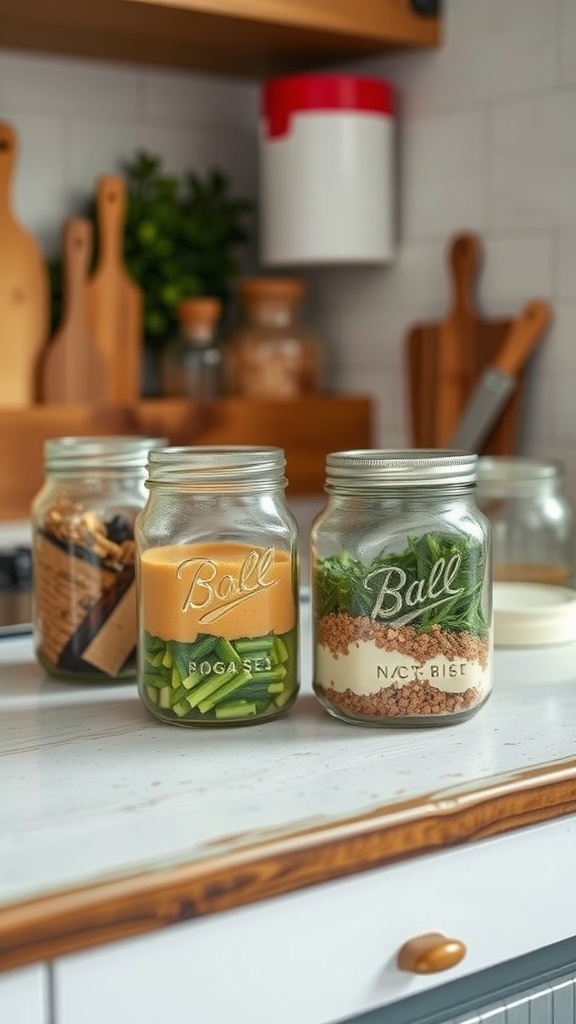 Image of mason jars filled with ingredients on a kitchen countertop, showcasing rustic kitchen decor.