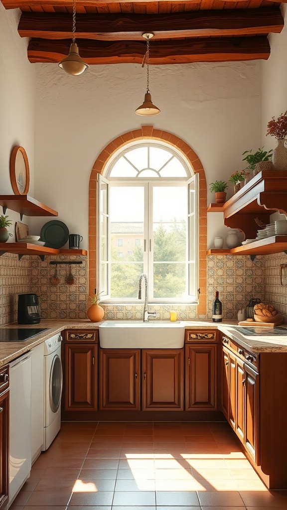 A cozy Mediterranean-style kitchen with wooden cabinetry and a large arched window.