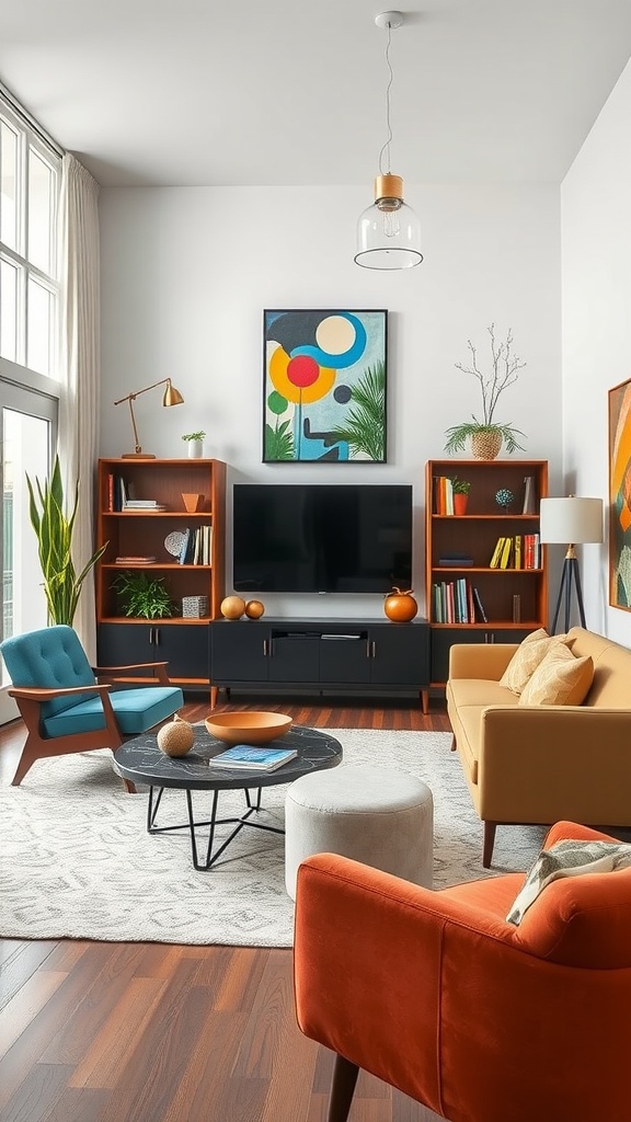 A stylish living room featuring mid-century modern furniture, colorful decor, and a cozy atmosphere.