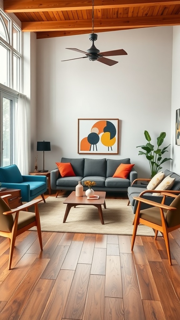 Living room featuring mid-century modern furniture with a gray sofa, colorful chairs, wooden beams, and stylish decor.