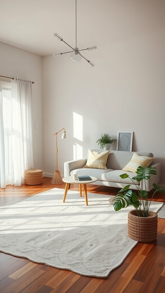 A minimalist living room featuring a light-colored rug, a cozy sofa, and natural elements for warmth.