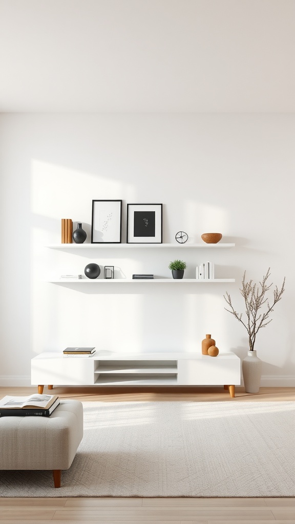 Minimalist wall shelves with decor items including vases, framed art, and a plant.