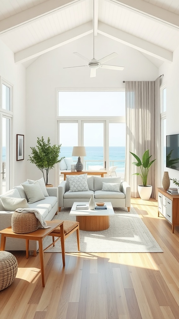 A bright, airy living room with large windows showcasing ocean views, featuring soft furnishings in neutral tones, light wood flooring, and plants for a coastal vibe.