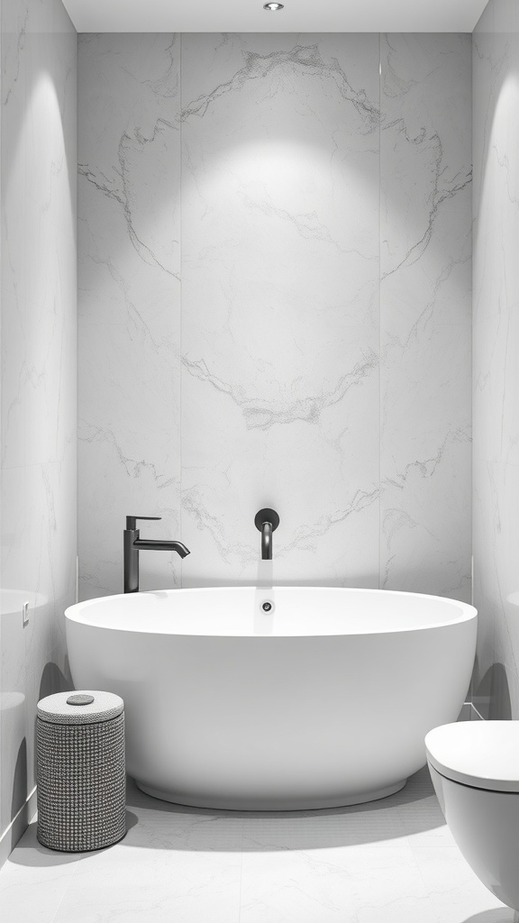 Minimalist bathroom featuring a large white bathtub, marble walls, and a black faucet