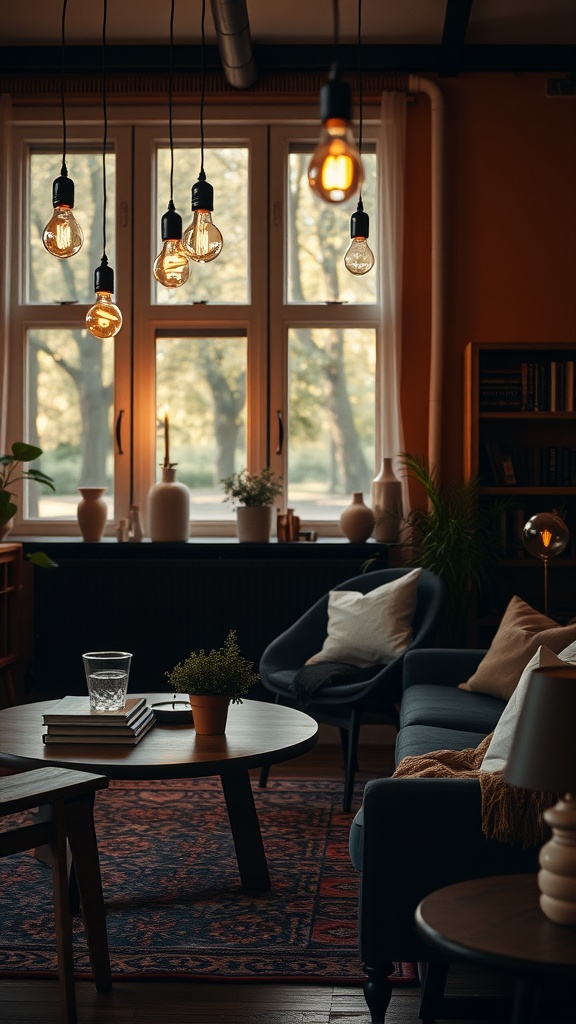 A cozy living room featuring Edison bulbs hanging from the ceiling, with a coffee table and a view of greenery through the windows.