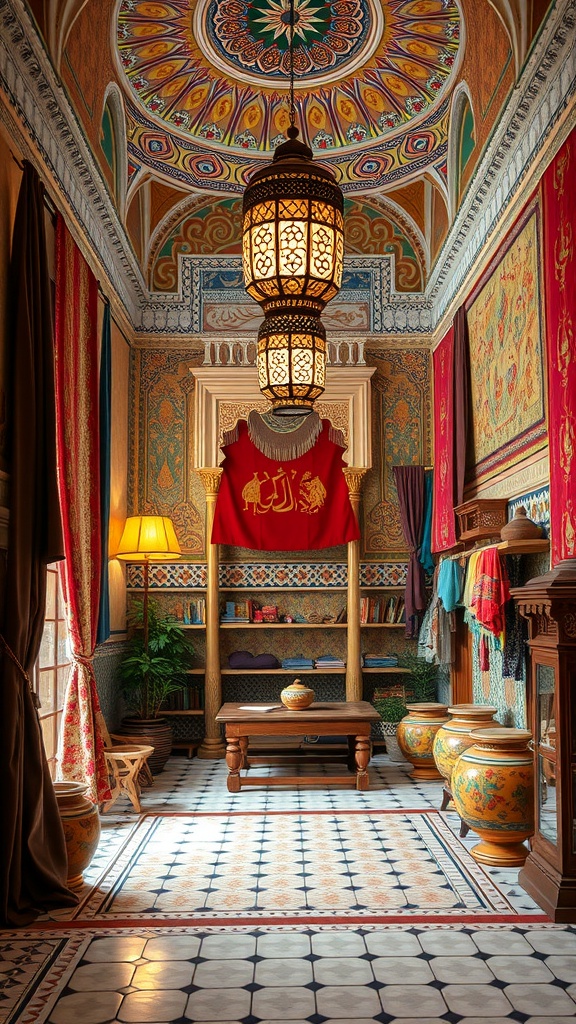 A vibrant Moroccan interior with intricate ceiling patterns, hanging lanterns, and colorful textiles.