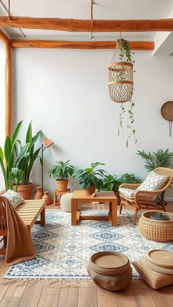 A cozy bohemian living room featuring wooden furniture, various plants, and a woven rug