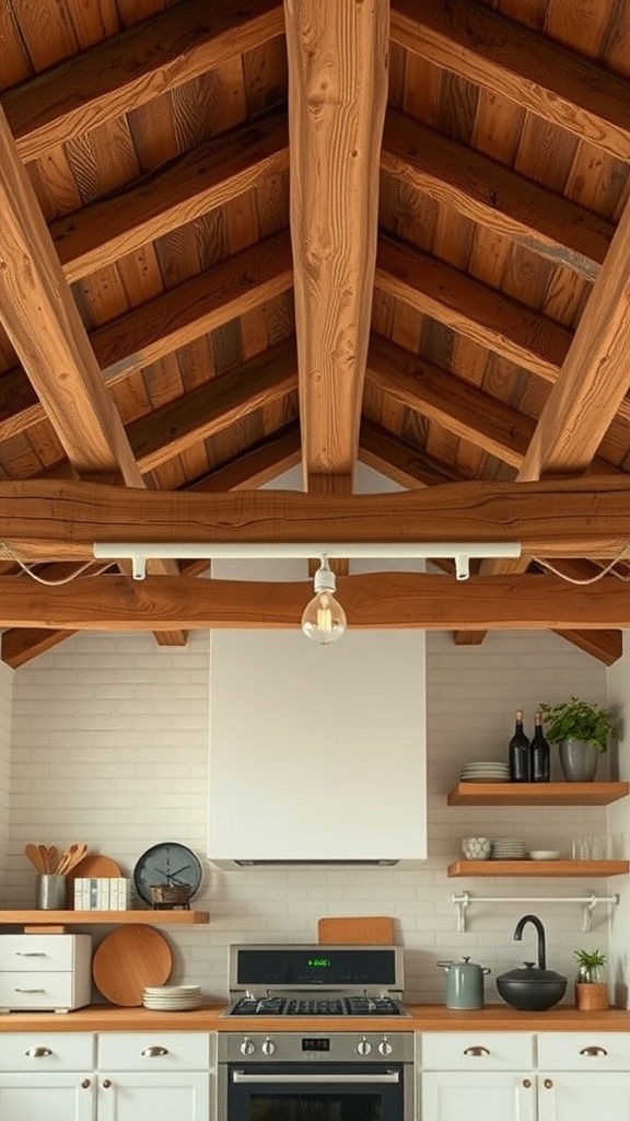 A rustic kitchen featuring natural wood beams, white cabinetry, and modern accents.