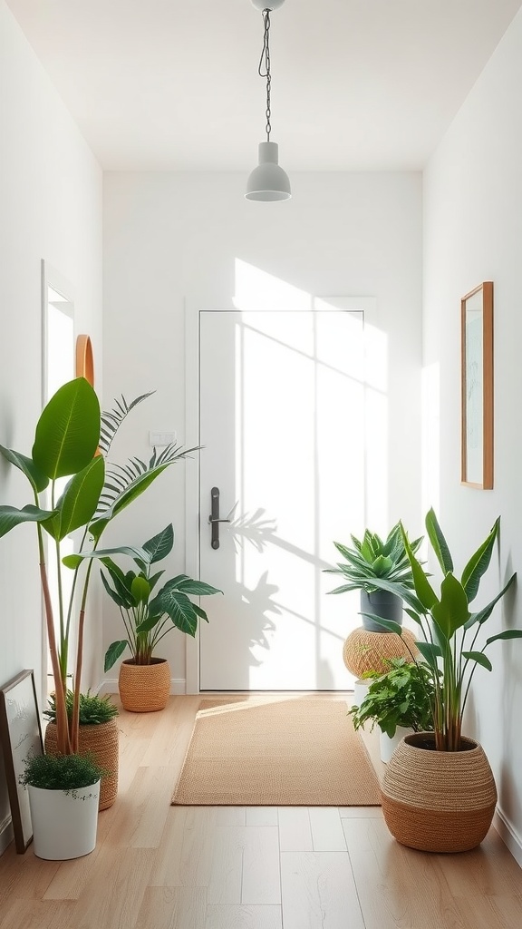 Bright hallway with a white door, large plants in woven baskets, and natural wood flooring.