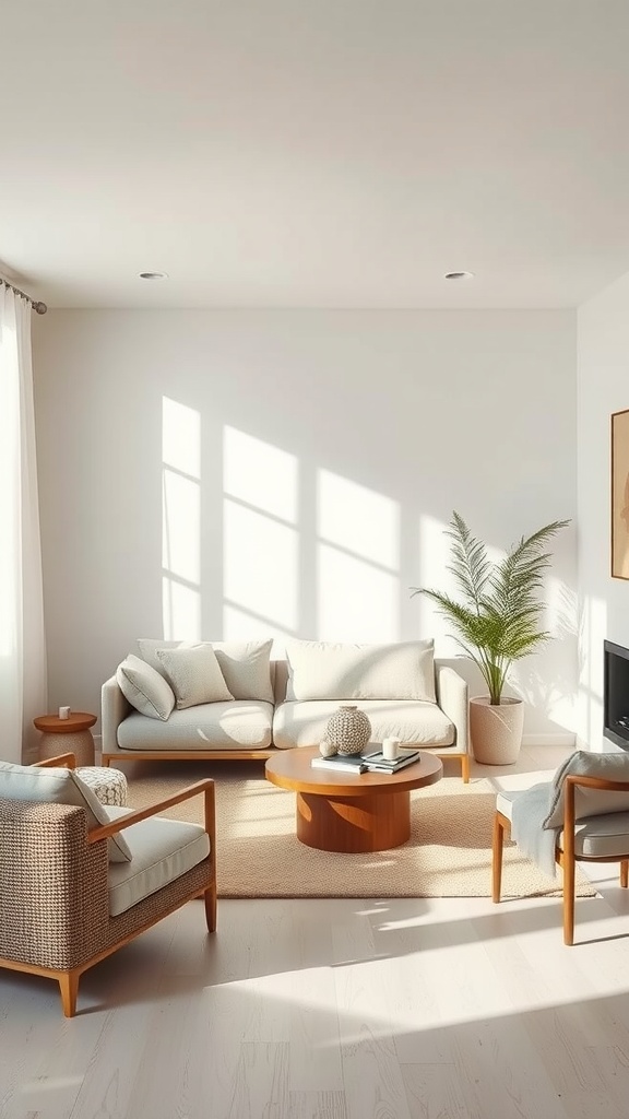 Cozy living room featuring a neutral color palette with cream furniture and a round wooden coffee table.