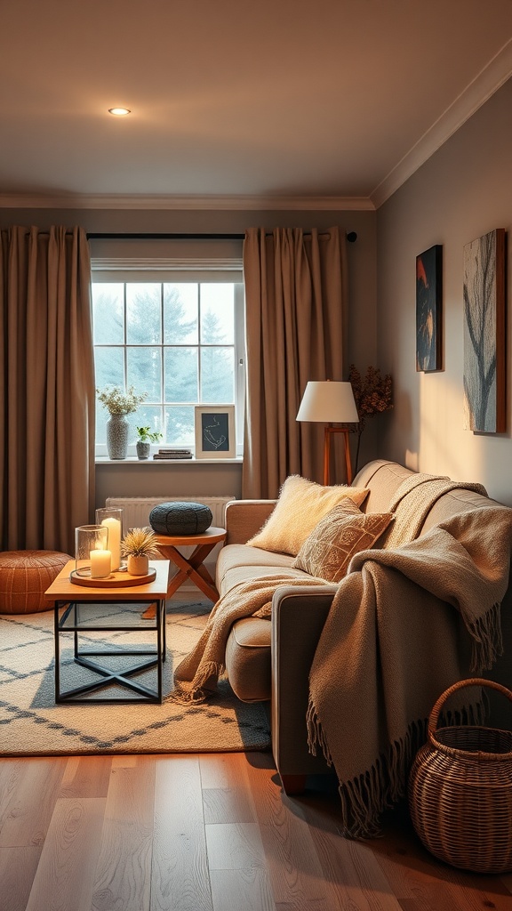 A cozy living room showcasing Nordic Hygge decor with warm lighting, a comfortable sofa, and candles on a coffee table.