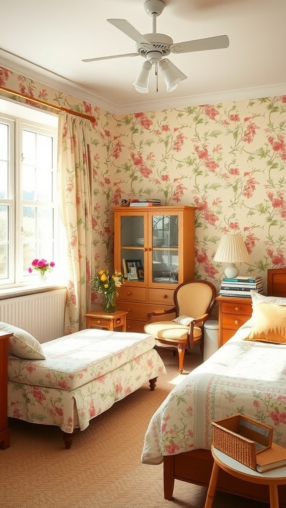 A cozy bedroom with floral prints on the walls, wooden furniture, and a bright, inviting atmosphere.