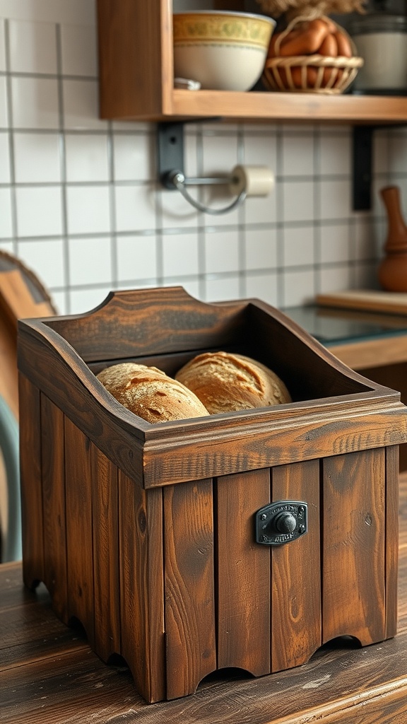 A rustic wooden bread box with loaves of bread inside, placed on a kitchen counter.