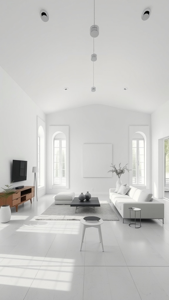 A minimalist living room with an open space layout featuring white walls, large windows, and simple furniture.