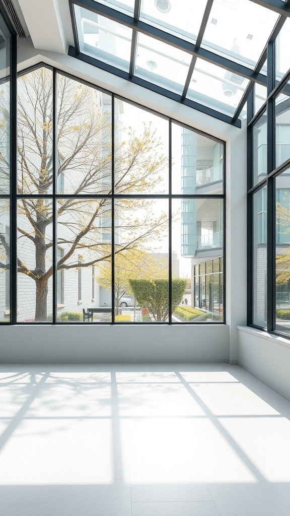 Bright room with large glass windows showing a tree and plants outside.