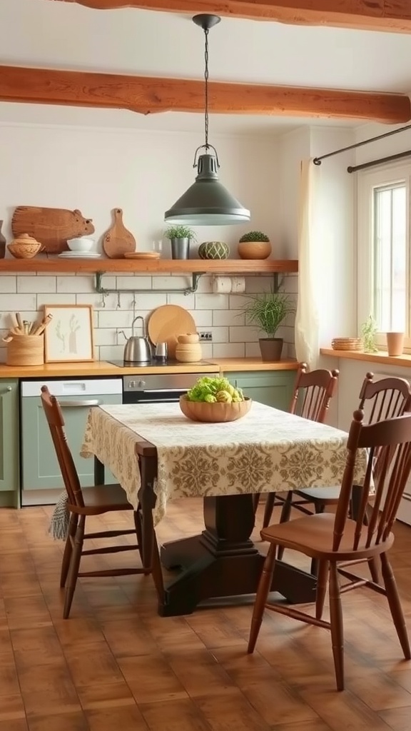 A rustic kitchen with a patterned tablecloth on a wooden table, surrounded by wooden chairs and green cabinets.