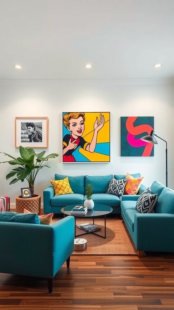 A vibrant living room featuring pop art accents with a teal couch, colorful cushions, and stylish wall art.