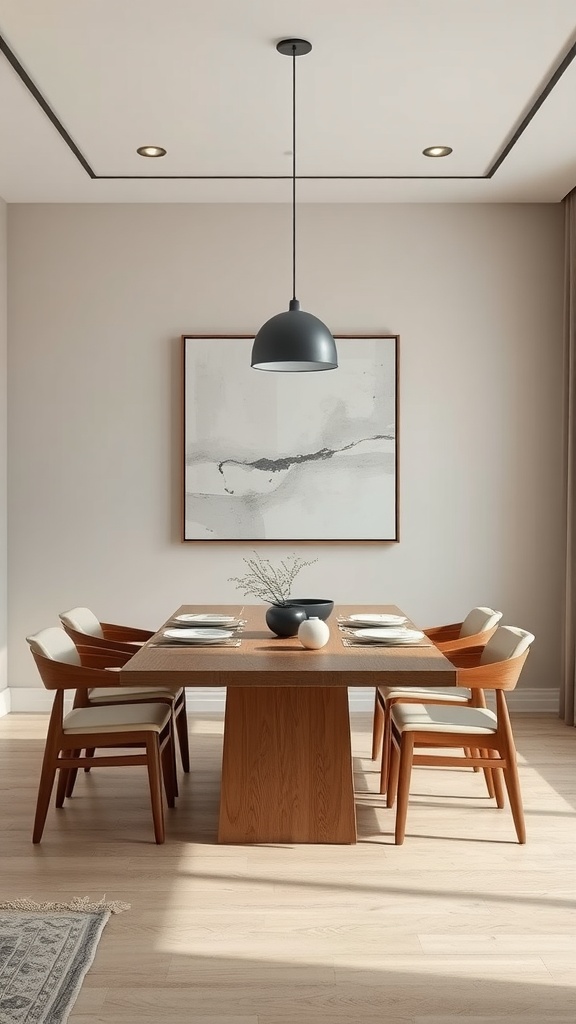 A minimalist dining room featuring a wooden table, chairs, and an abstract artwork on the wall.