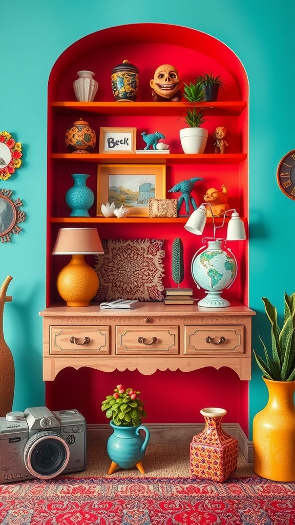 A colorful shelf filled with quirky decorative objects, including vases, a globe, and a vintage camera, set against a turquoise wall