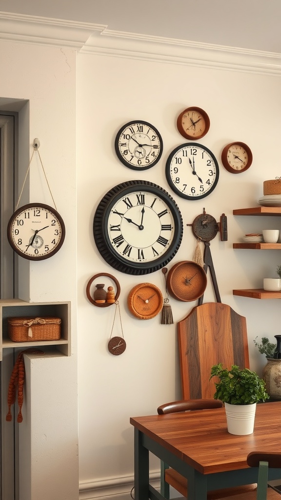 A collection of quirky wall clocks displayed on a kitchen wall, featuring various styles and sizes, contributing to rustic decor.