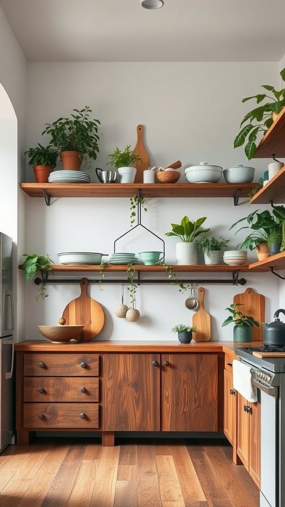 A rustic kitchen featuring reclaimed wood shelving with various plants and kitchen items.