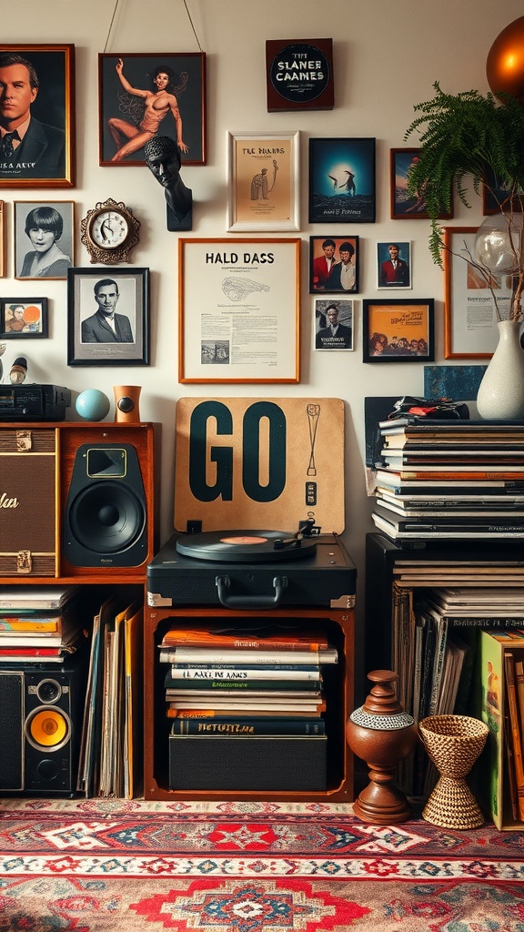 A stylish record player station with vinyl records and decorative art on the wall.