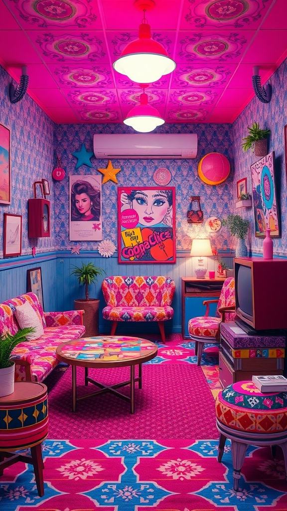 A vibrant retro-inspired living room featuring bold pink walls, patterned furniture, and eclectic decor, embodying a 70s vibe.