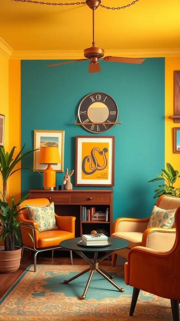 A cozy retro living room with bright yellow and teal walls, orange chairs, and vintage decor.