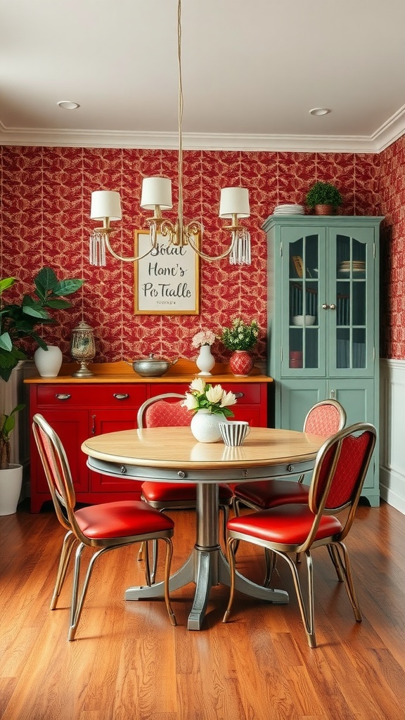 A cozy retro dining area featuring a round wooden table with red seats, framed by rich red wallpaper and a stylish chandelier.