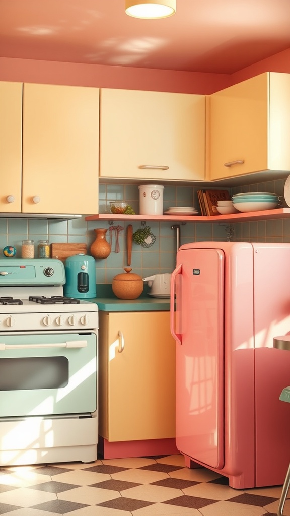 A retro kitchen featuring pastel-colored appliances including a pink fridge and mint green stove.