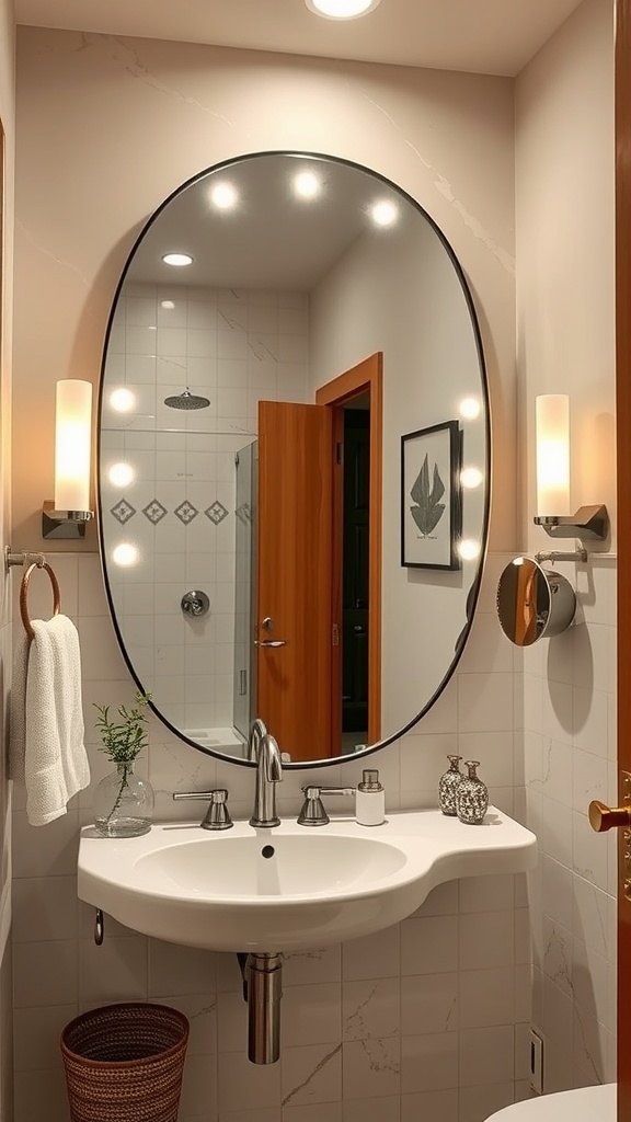 A stylish oval retro mirror in a modern bathroom with soft lighting and a cozy atmosphere.