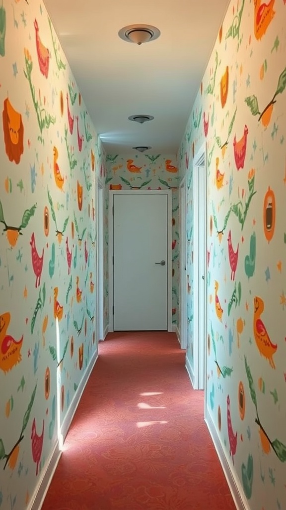 A colorful hallway featuring playful retro wallpaper with birds and plants, complemented by coral carpeting.