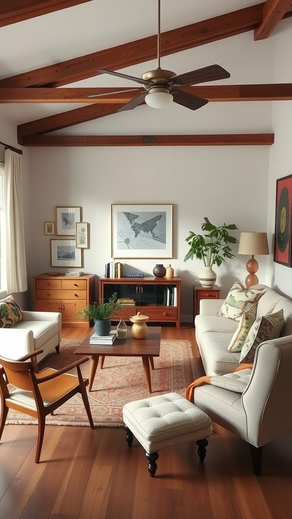 A cozy living room with vintage and modern decor, featuring wooden furniture, plants, and artwork.