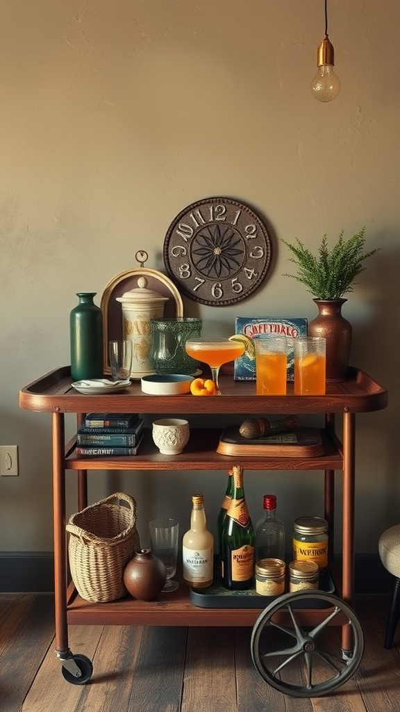 A rustic bar cart with drinks, glassware, and decorative items, set against a warm wall with a vintage clock.