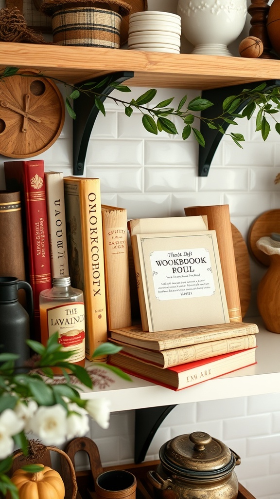 A rustic kitchen shelf displaying a collection of cookbooks, jars, and wooden utensils.