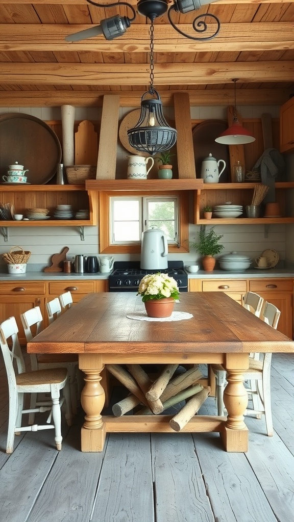 A rustic kitchen featuring a large wooden table, open shelves with vintage dishware, and warm wooden tones.