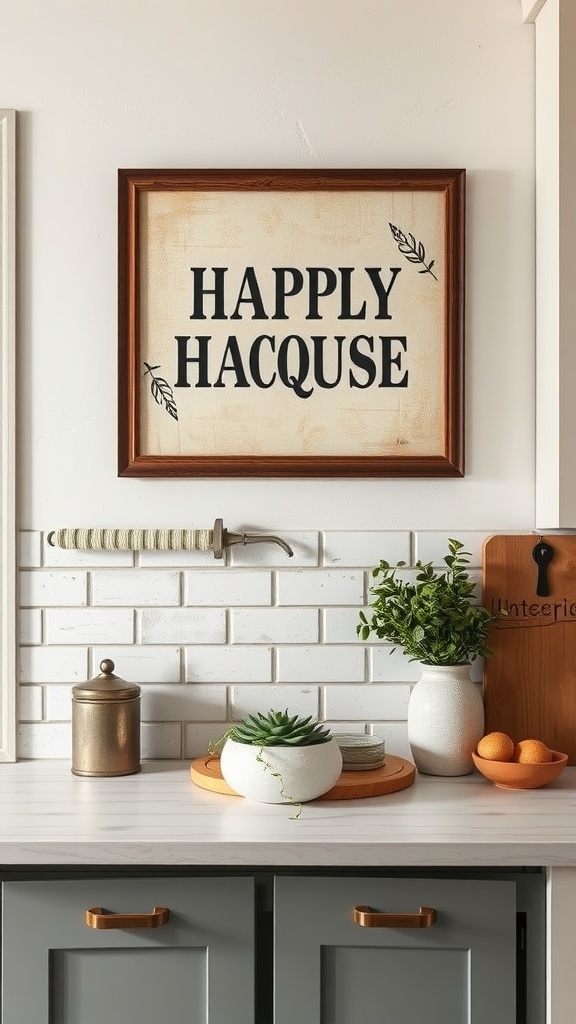 Rustic kitchen decor featuring a sign that says 'HAPPILY HACQUSE' surrounded by plants and decorative items.