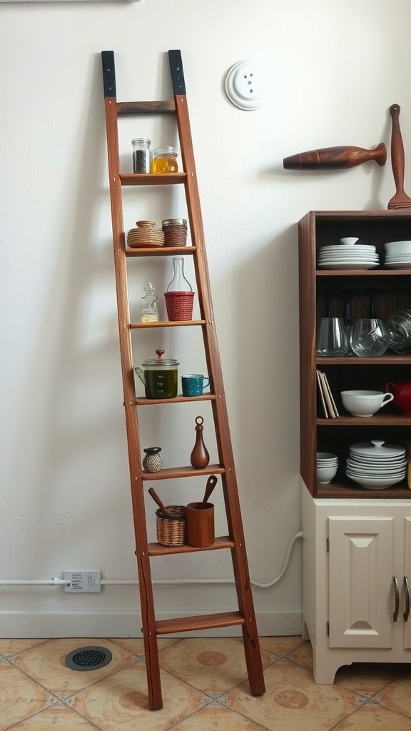 A wooden ladder used as decor in a rustic kitchen, displaying various kitchen items on its rungs.