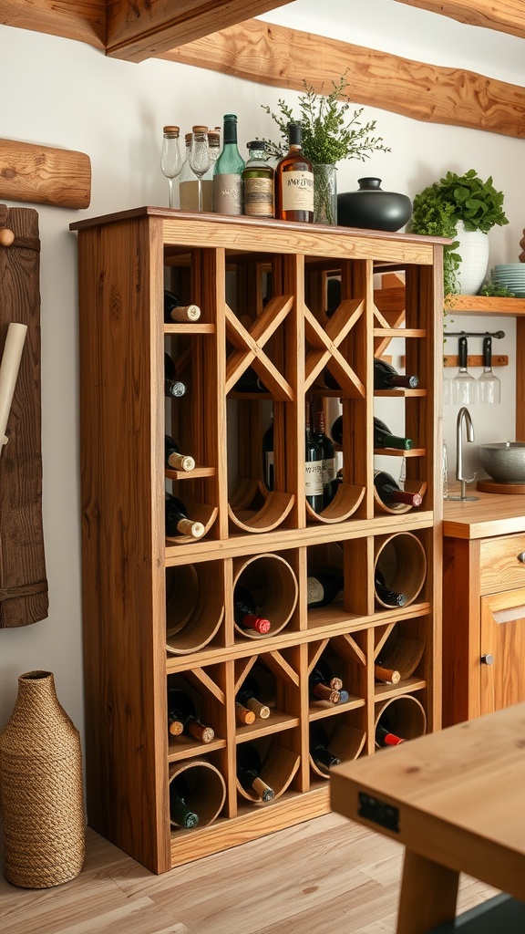 A wooden rustic wine rack displaying wine bottles and decorative items in a cozy kitchen setting.