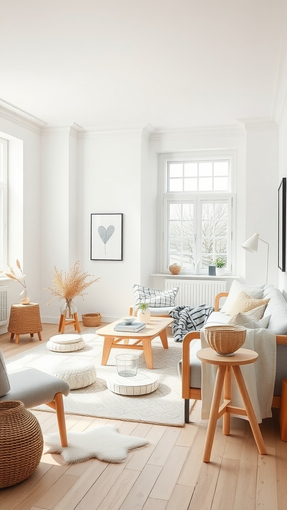 A minimalist Scandinavian living room with light colors, wooden furniture, and cozy accents.