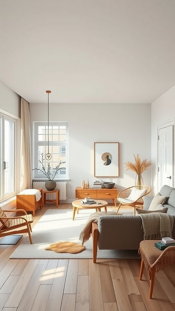 A cozy Scandinavian-style living room featuring minimalistic furniture, warm wood tones, and natural light.