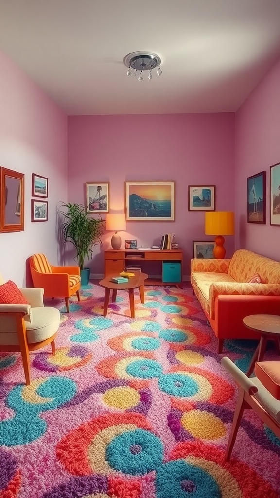 A vibrant retro living room featuring a colorful shag carpet, pink walls, and vintage furniture.