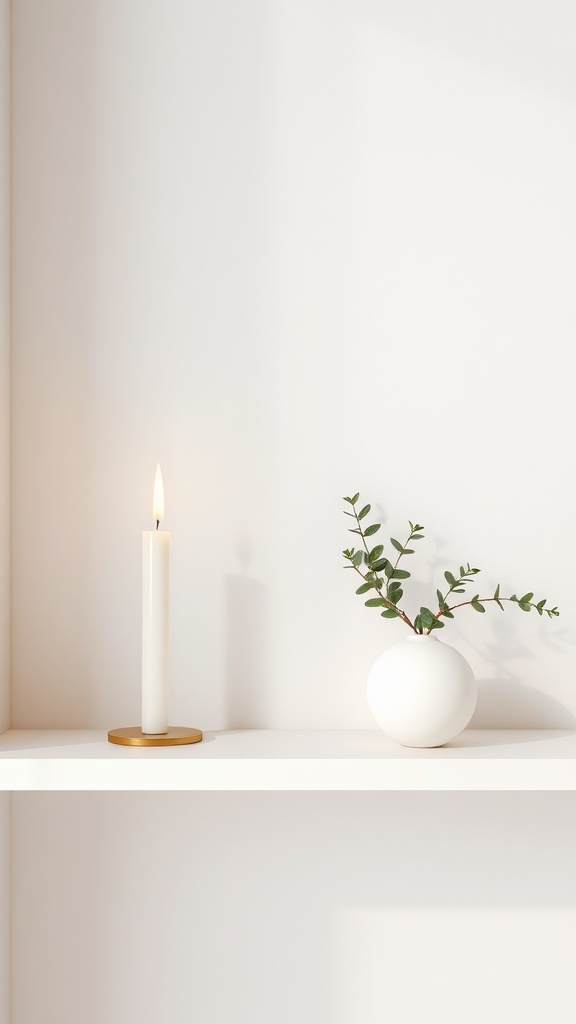 A minimalist shelf displaying a candle and a small vase with greenery.