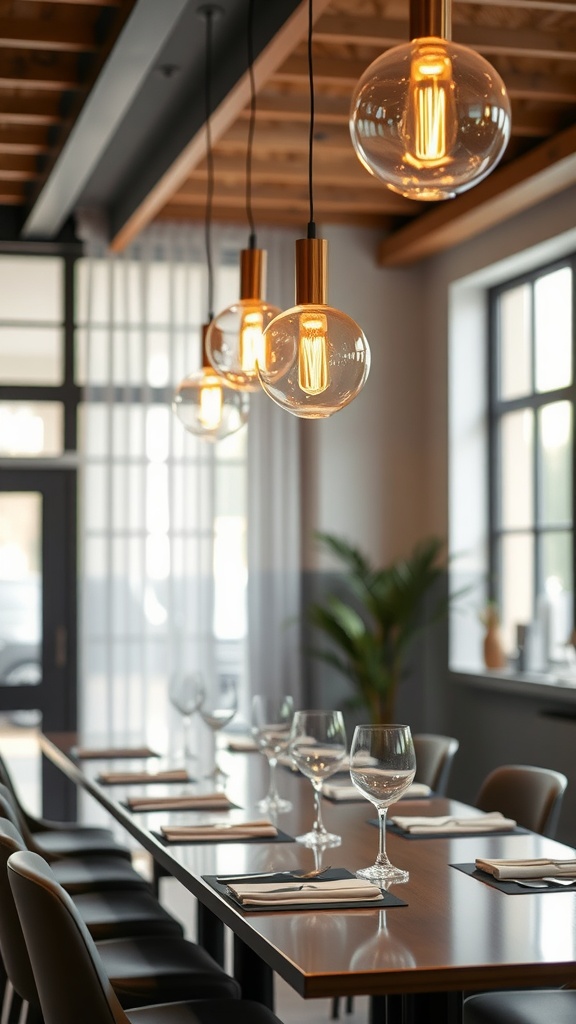 A modern dining area with minimalist glass pendant lights hanging above a long wooden table, set with elegant glassware.