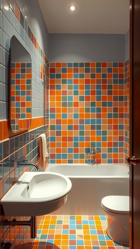 A colorful retro bathroom featuring tiled walls with a mix of orange and blue squares, a sleek white sink, and a bathtub.