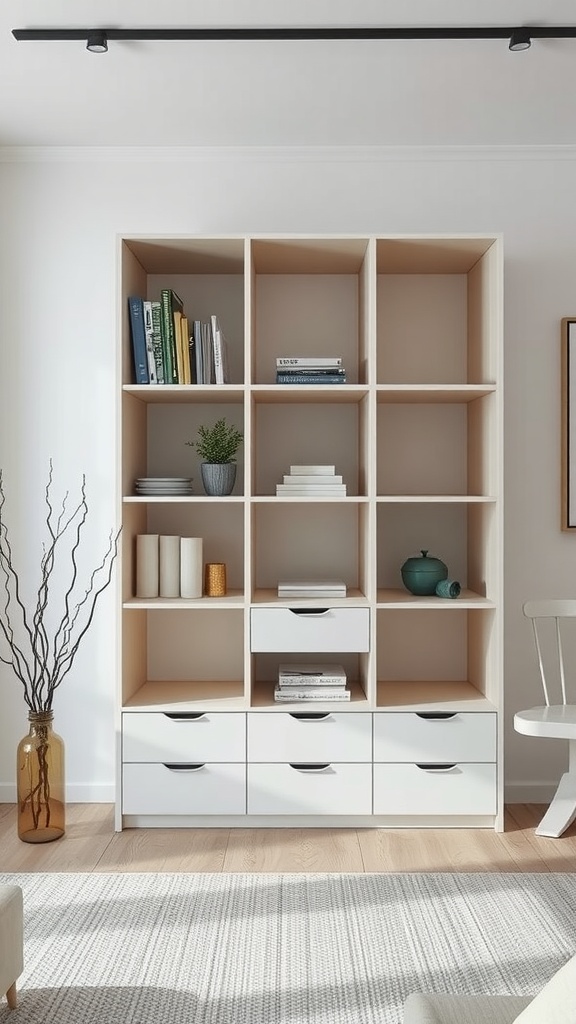 A minimalist shelving unit with open and drawer storage, styled with books, plants, and decorative objects.