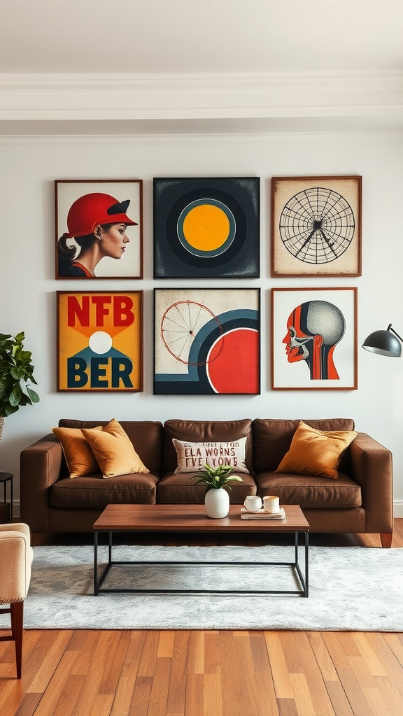 A cozy living room featuring a statement wall art consisting of various retro-style framed artworks, complemented by a brown sofa and decorative elements.